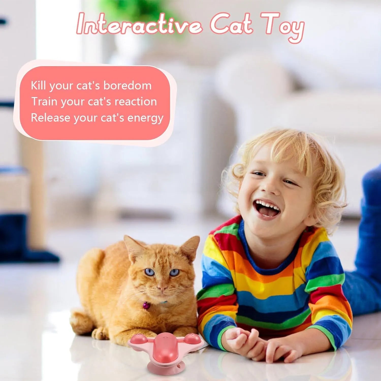 Interactive pet puzzle toy with suction cup base, central snack compartment, bell, and catnip insert