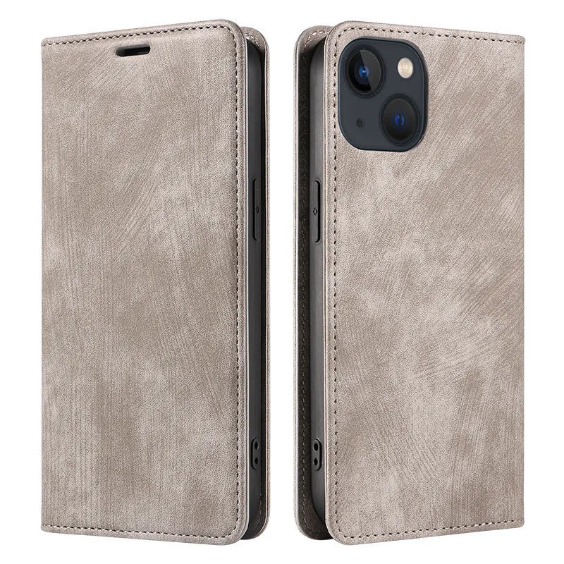 Magnetic flip phone case for iPhone in black, showing TPU frame and leather cover.