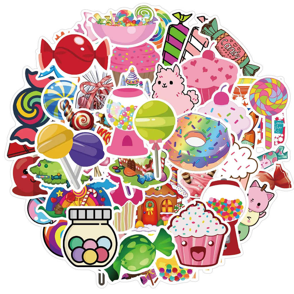 Pack of 50 colourful Candy series graffiti and cartoon vinyl stickers, each 4-6 cm long.