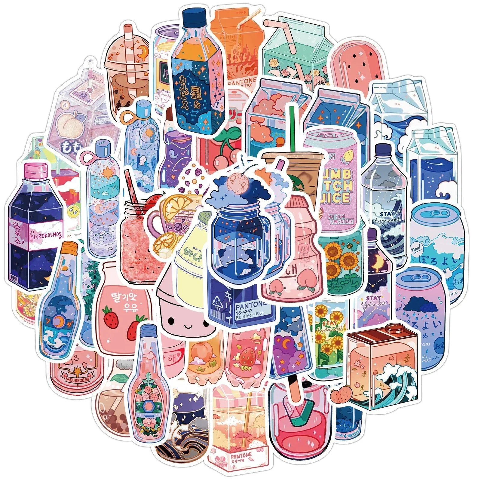 50 cartoon PVC waterproof stickers in assorted graffiti styles including astronaut, drink, and animal designs on a white background