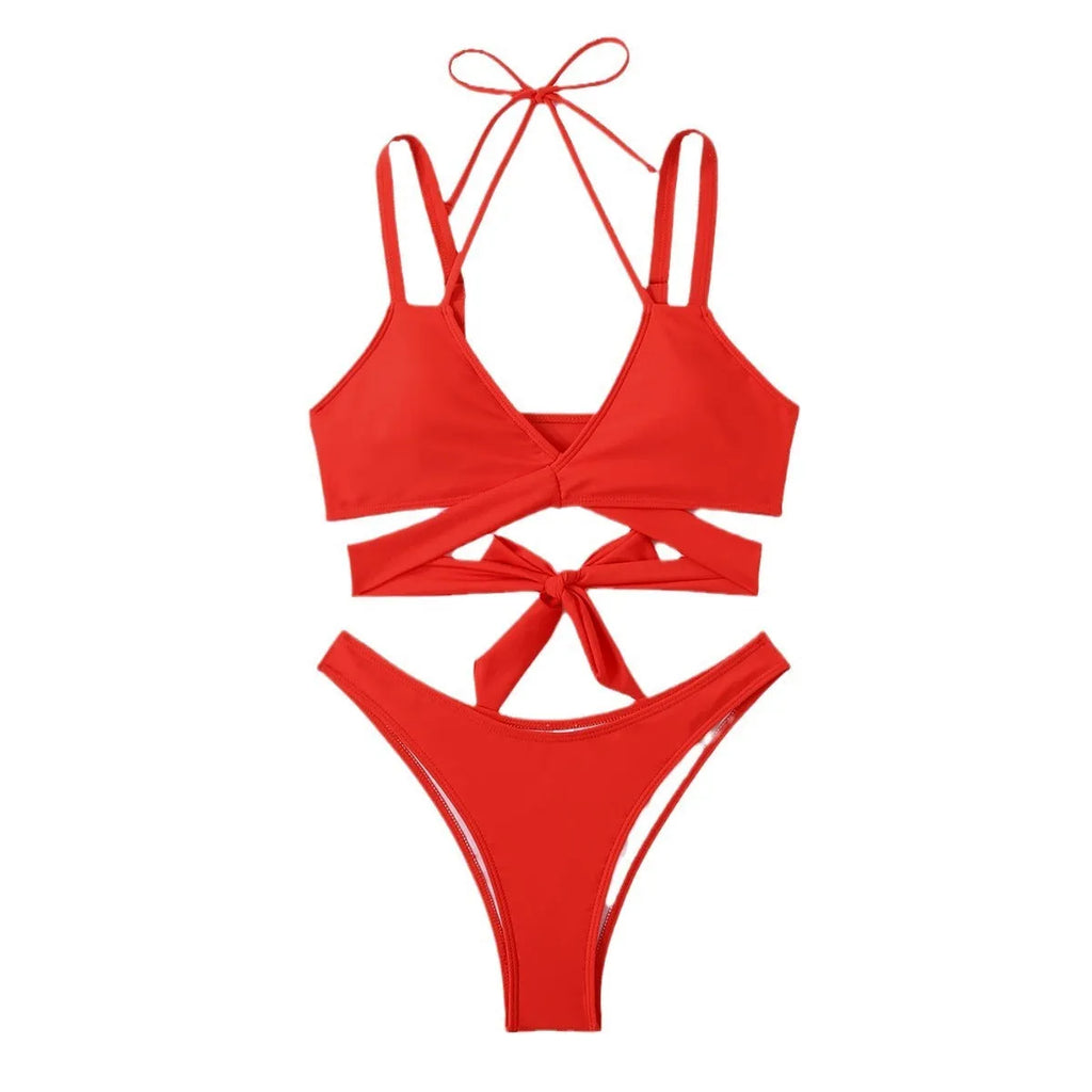 Women's solid colour strap beach bikini swimsuit in black, red, blue, rose red, or white options