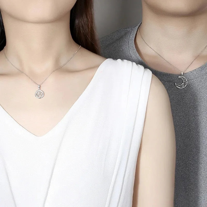 Sun and moon couple necklace with copper pendants on cross chain for matching jewellery