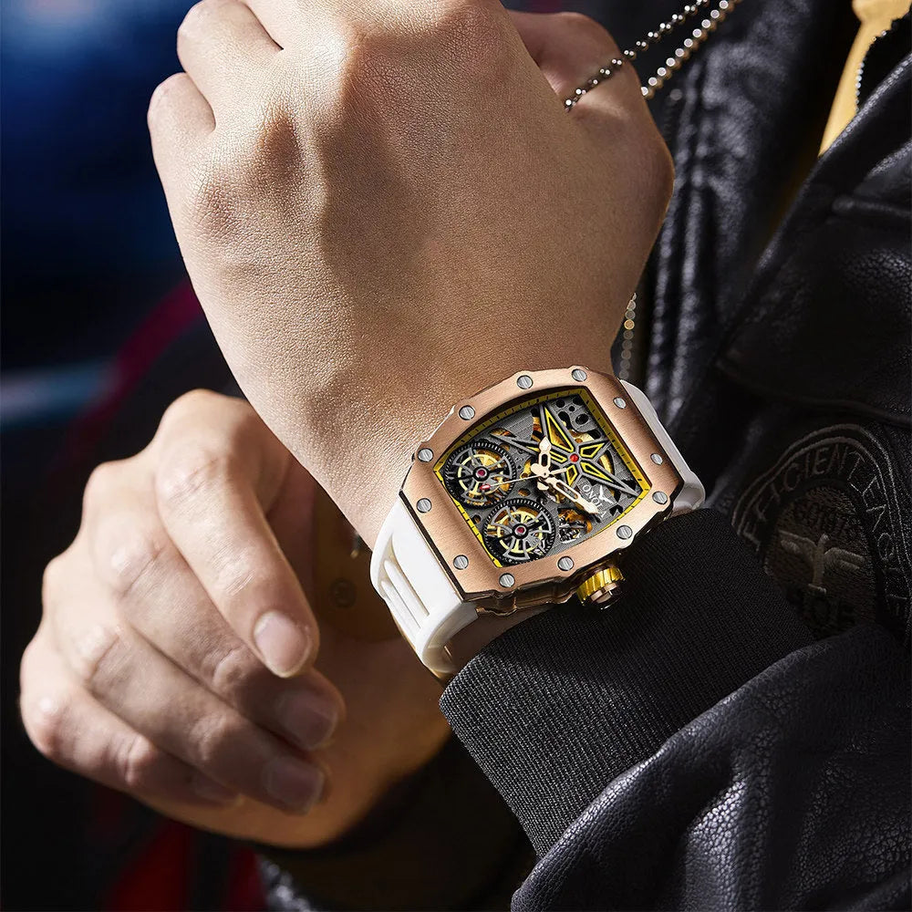 Rudder Flywheel skeleton automatic men's mechanical watch with 53mm dial and mineral glass on plastic strap