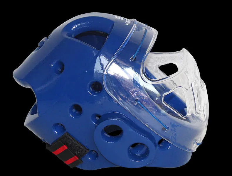 Karate helmet protective equipment for boxing training in white, blue, and red colours with multiple size options