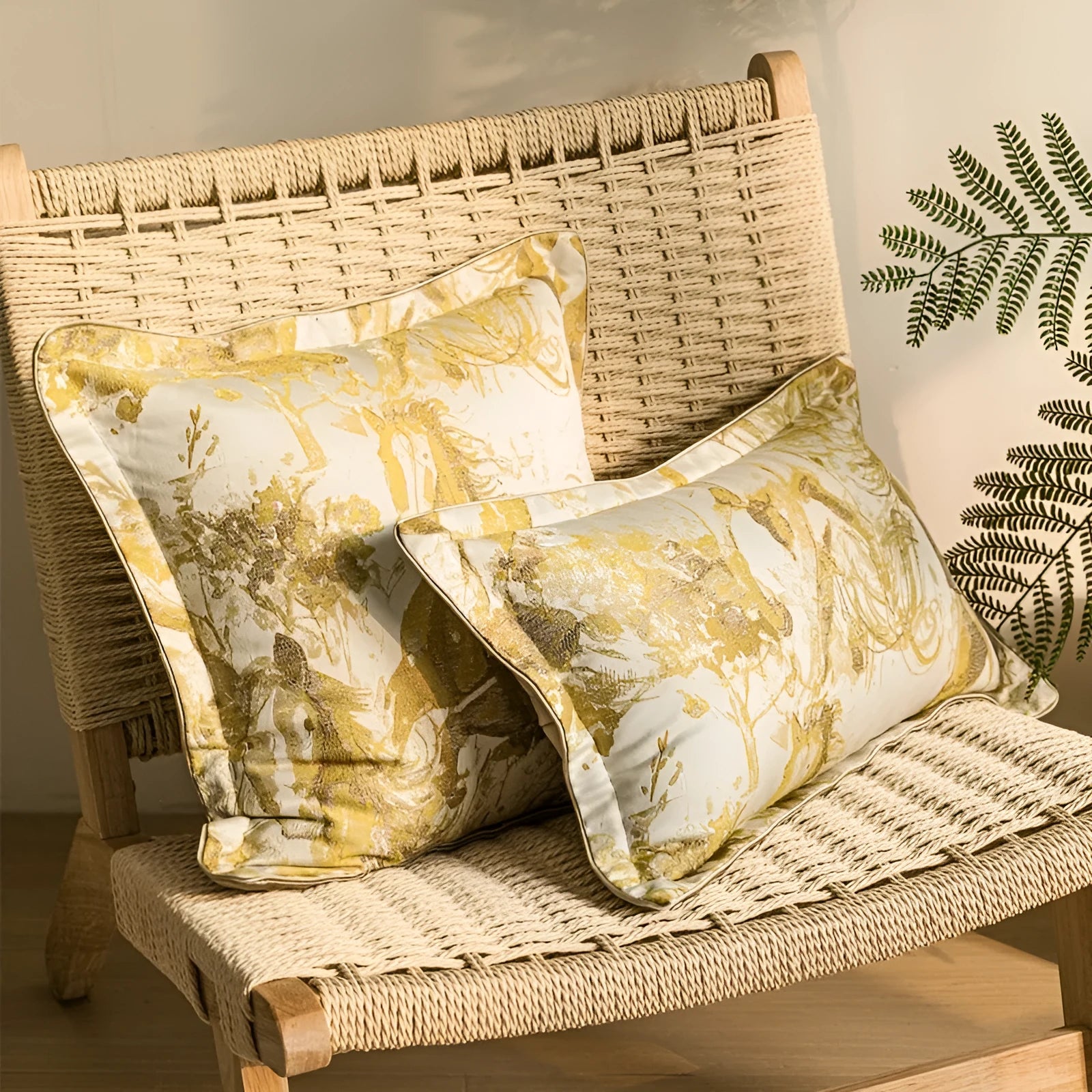 Abstract geometric golden horse design on a jacquard woven polyester cushion cover.
