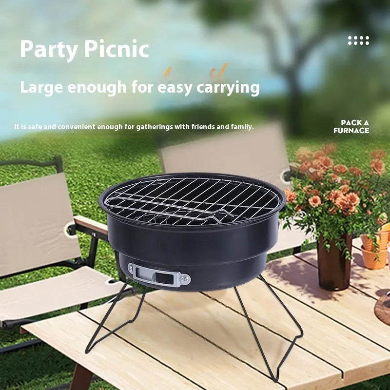 Small folding round ice stove with barbecue grill and accessories for outdoor cooking