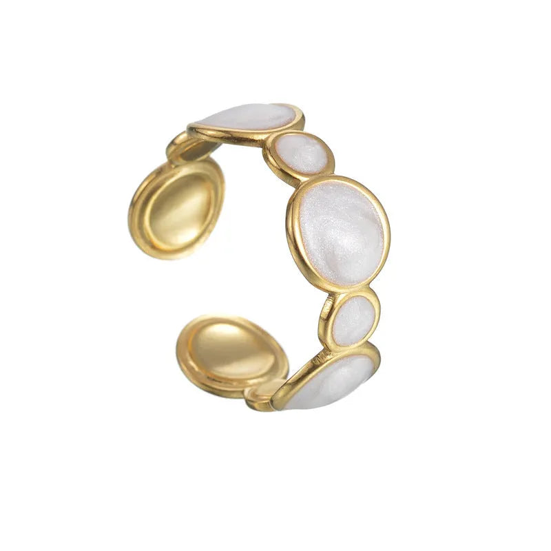 Stainless steel geometric ring with adjustable opening and electroplated metallic finish
