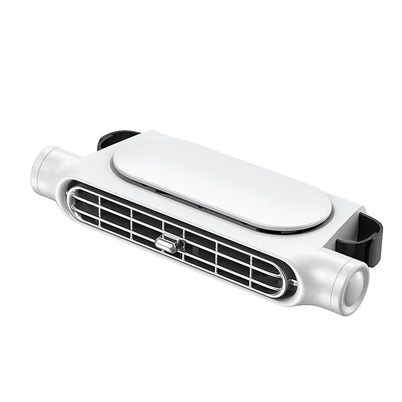 USB car fan in black, white, or beige with brushless motor and three speed buttons