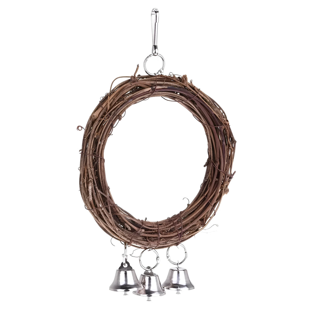 Natural rattan parrot swing measuring 26x16cm in brown, attached to cage bars