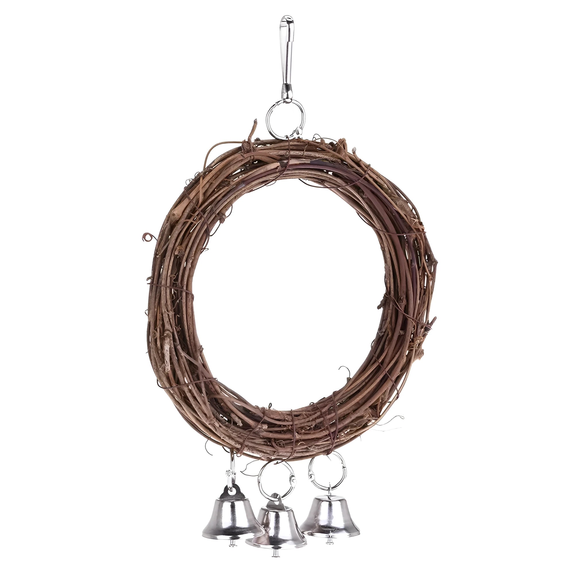 Natural rattan parrot swing measuring 26x16cm in brown, attached to cage bars