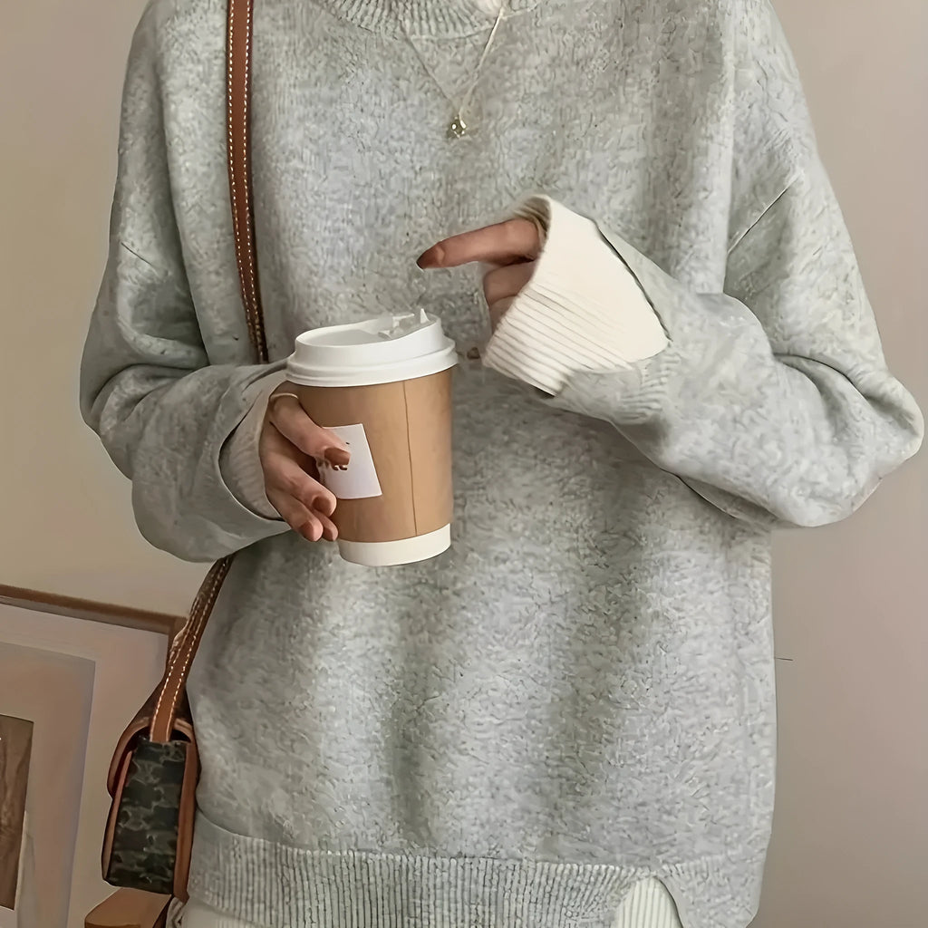 Women's grey round neck soft chenille sweater with spandex stretch, available in sizes 0XL to 5XL