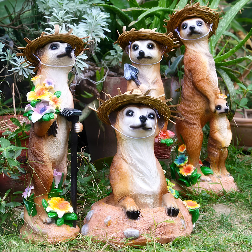 Straw hat mongoose plastic resin garden ornaments in three colour variations