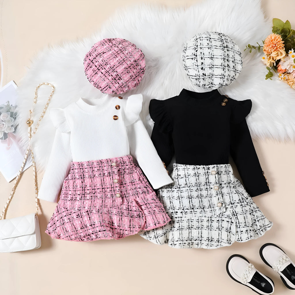 Girls cotton plaid three-piece skirt suit with long sleeve top fishtail skirt and hat in black and pink sizes 90-130cm