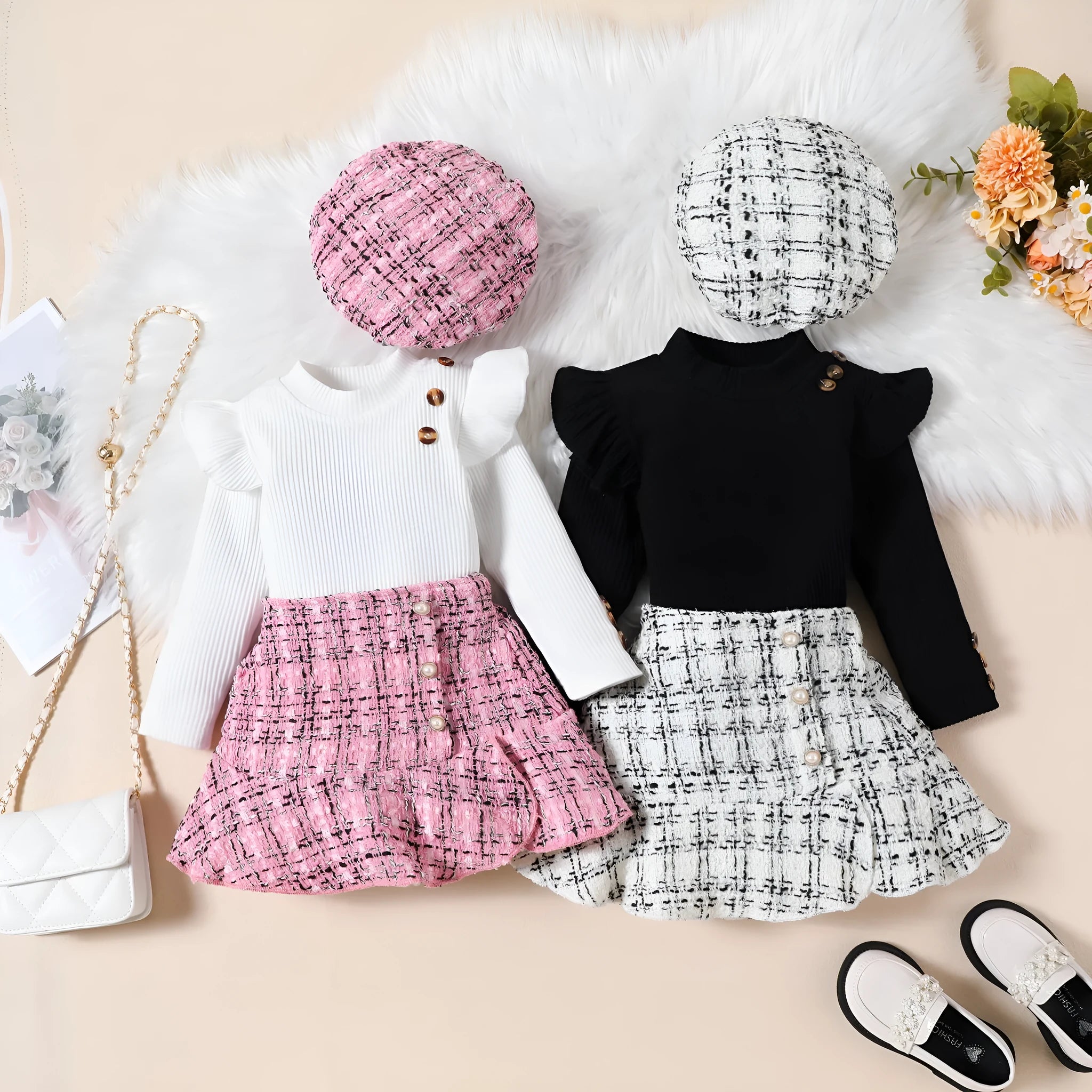 Girls cotton plaid three-piece skirt suit with long sleeve top fishtail skirt and hat in black and pink sizes 90-130cm