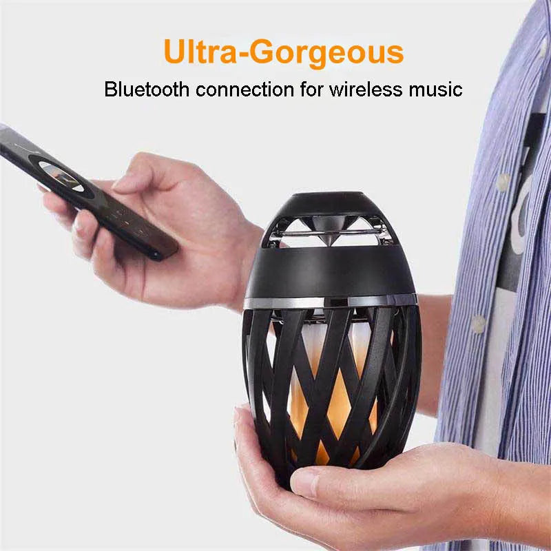 Black LED Flame Speaker with realistic flame light effect on a table