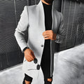 Men's grey woolen mid-length coat with stand-up collar