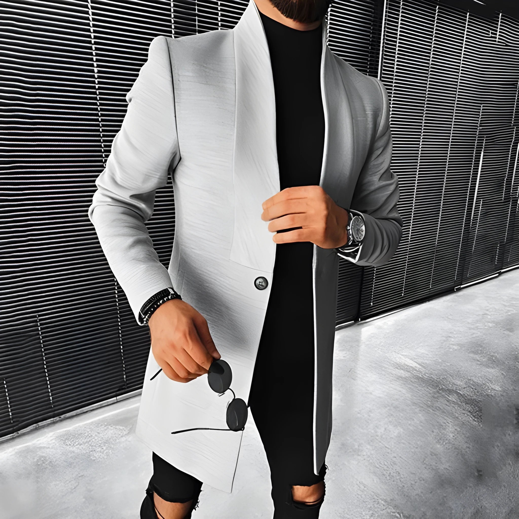 Men's grey woolen mid-length coat with stand-up collar