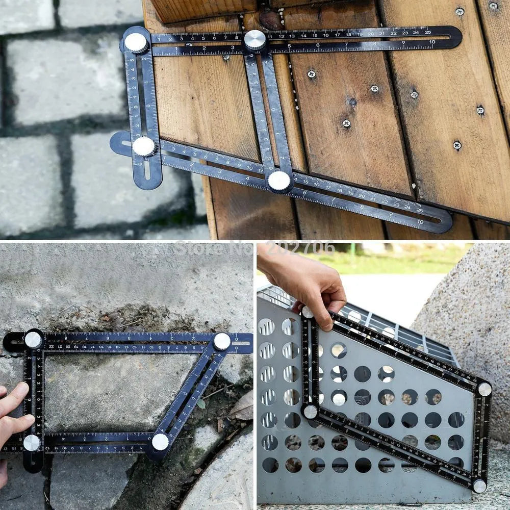 Aluminium alloy four-sided ruler template tool with sliding arms and tightening screws on a tiled work surface