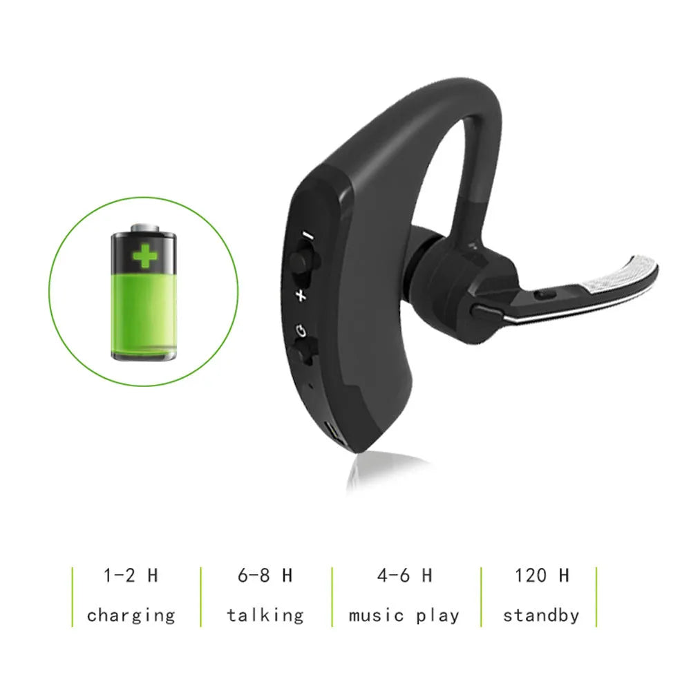 V9 Bluetooth wireless headset with earbud and charging cable on a white background