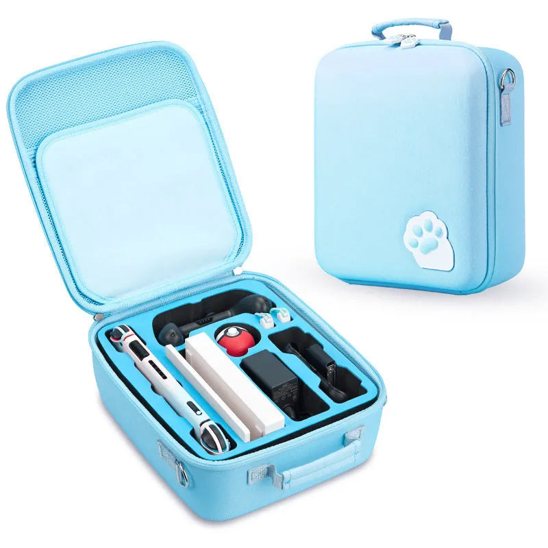 Nintendo Switch storage bag with cat claw design in blue, showing game cartridge slots and diagonal strap.