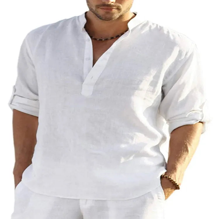 Men's solid colour long sleeve shirt with a stand collar, made from a cotton and linen blend fabric.