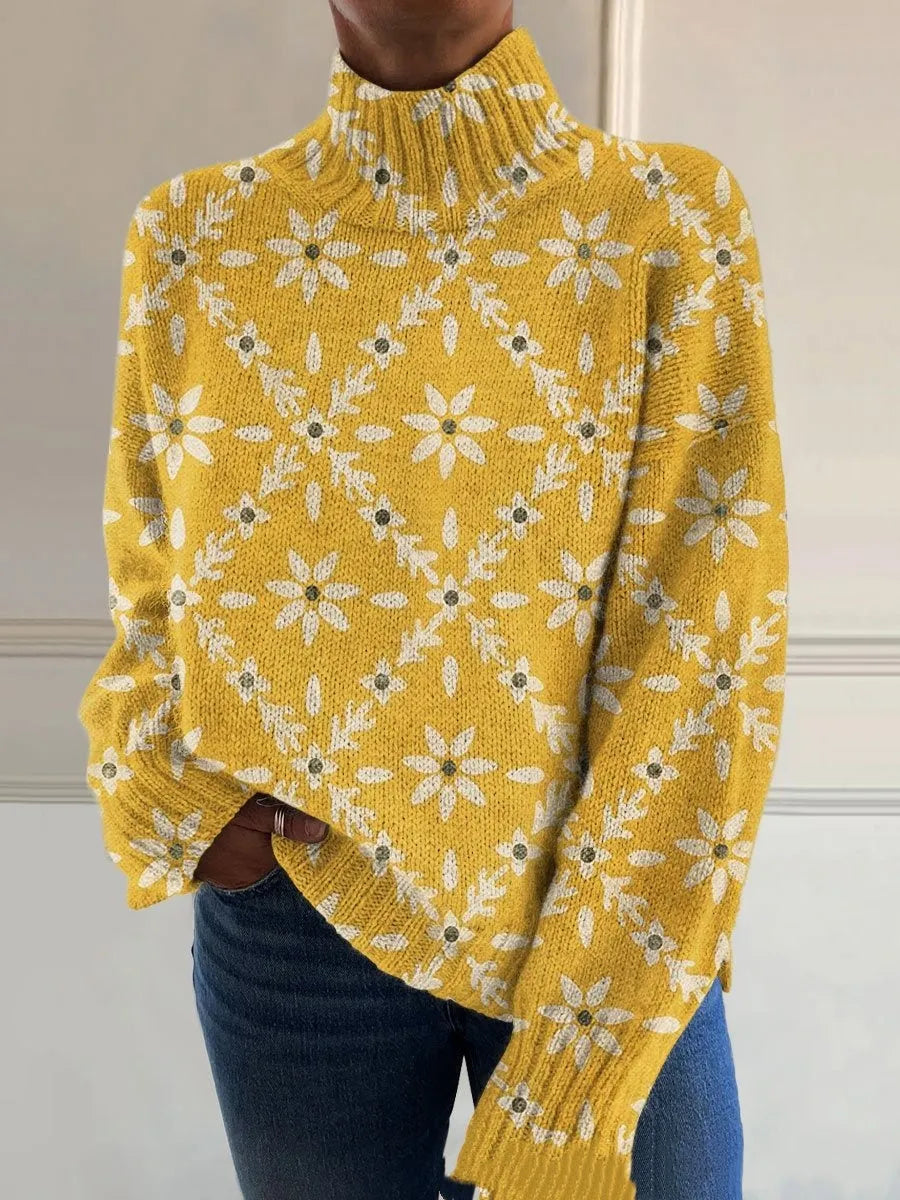 3D floral print high neck long sleeve pullover sweater polyester wool blend