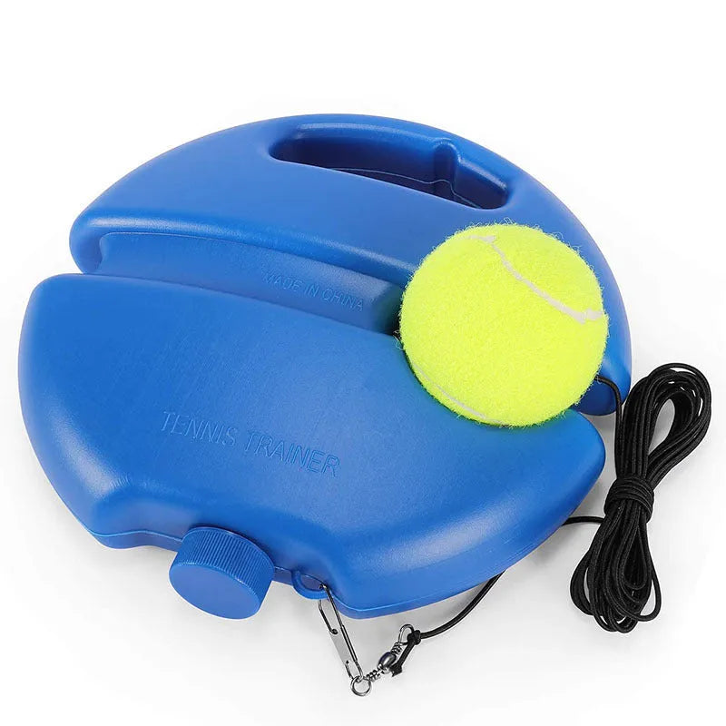 Blue round kettle tennis trainer with attached ball on line, chemical fibre construction, 20.5x20 cm size