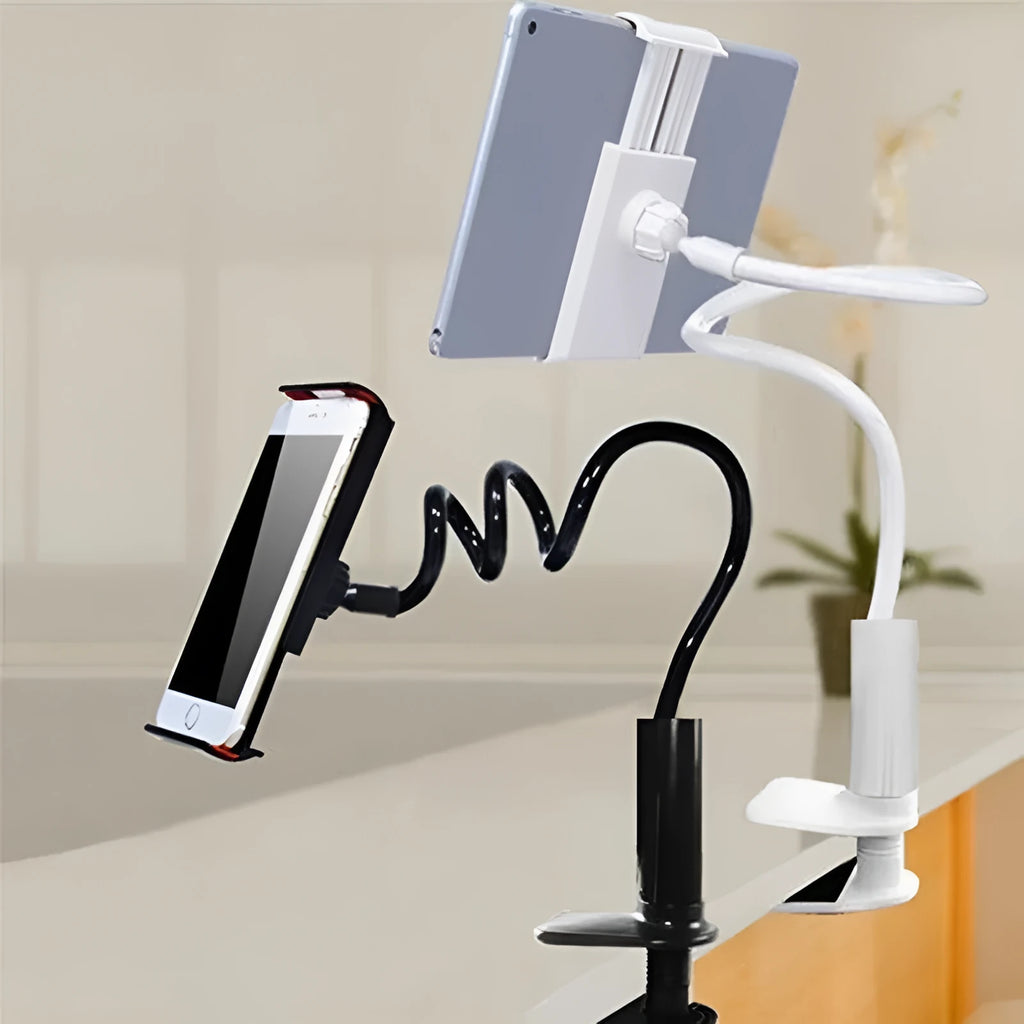 Black flexible magnalium tablet mount holder with suction base and bendy arm.