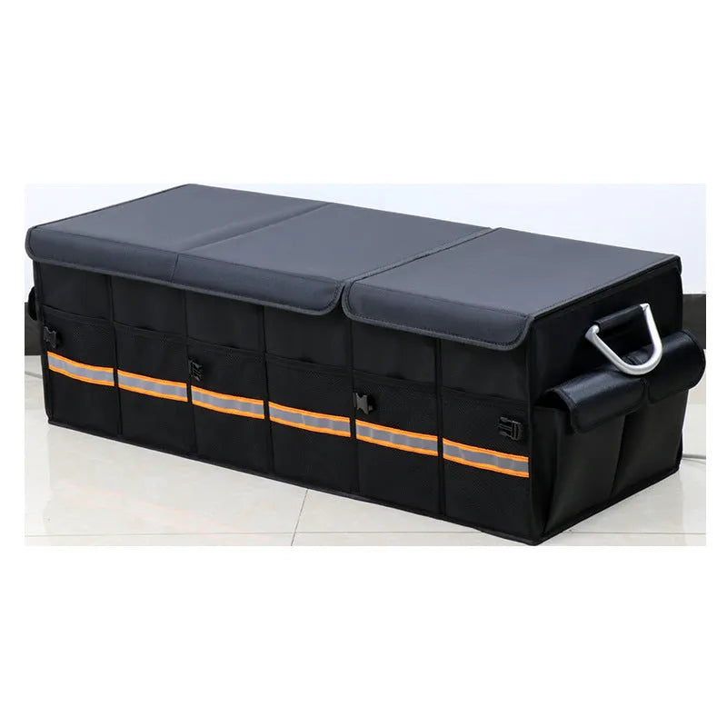 Foldable heavy-duty car trunk organizer in black with cover, 100L capacity, divided sections