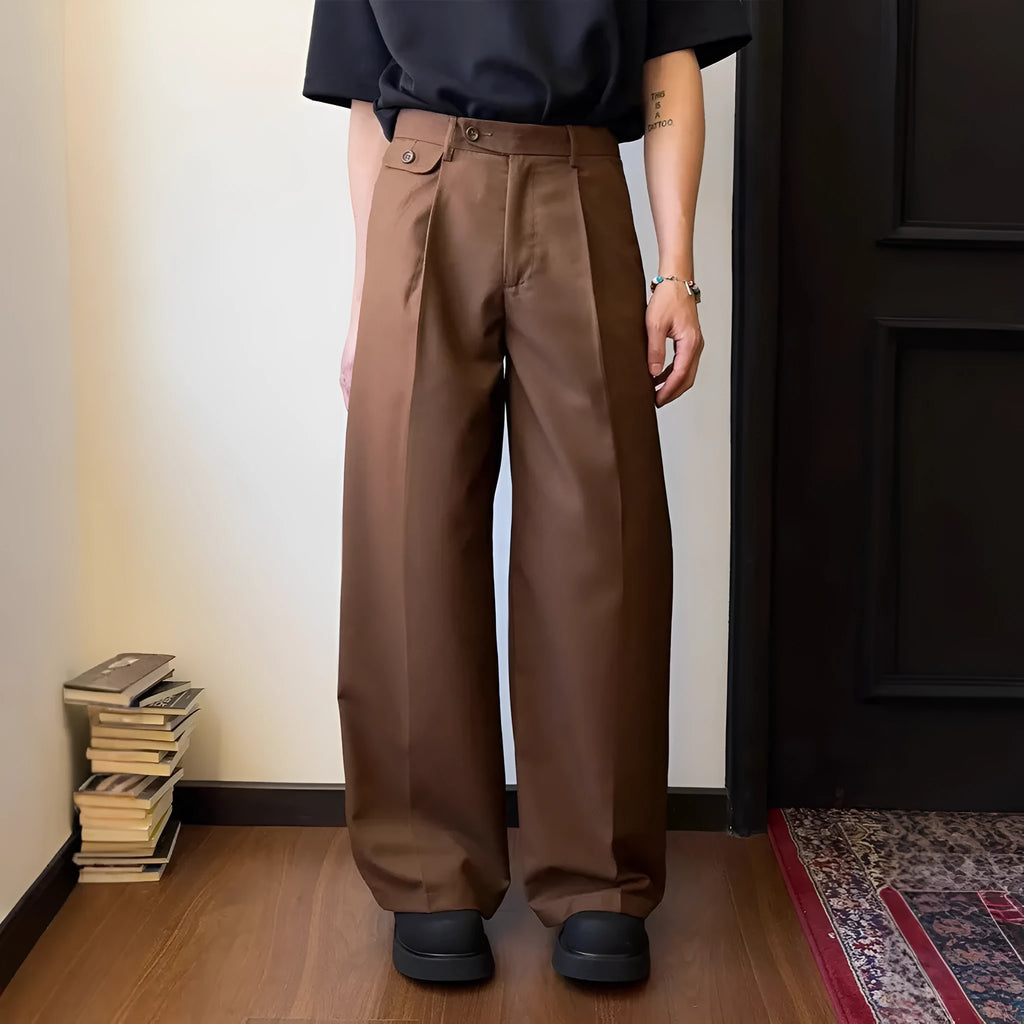 Men's straight-leg casual trousers with loose wide-leg cut and draping design in black or brown