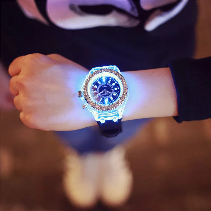 Women's LED luminous quartz watch with round 43mm dial and silicone strap in various colours