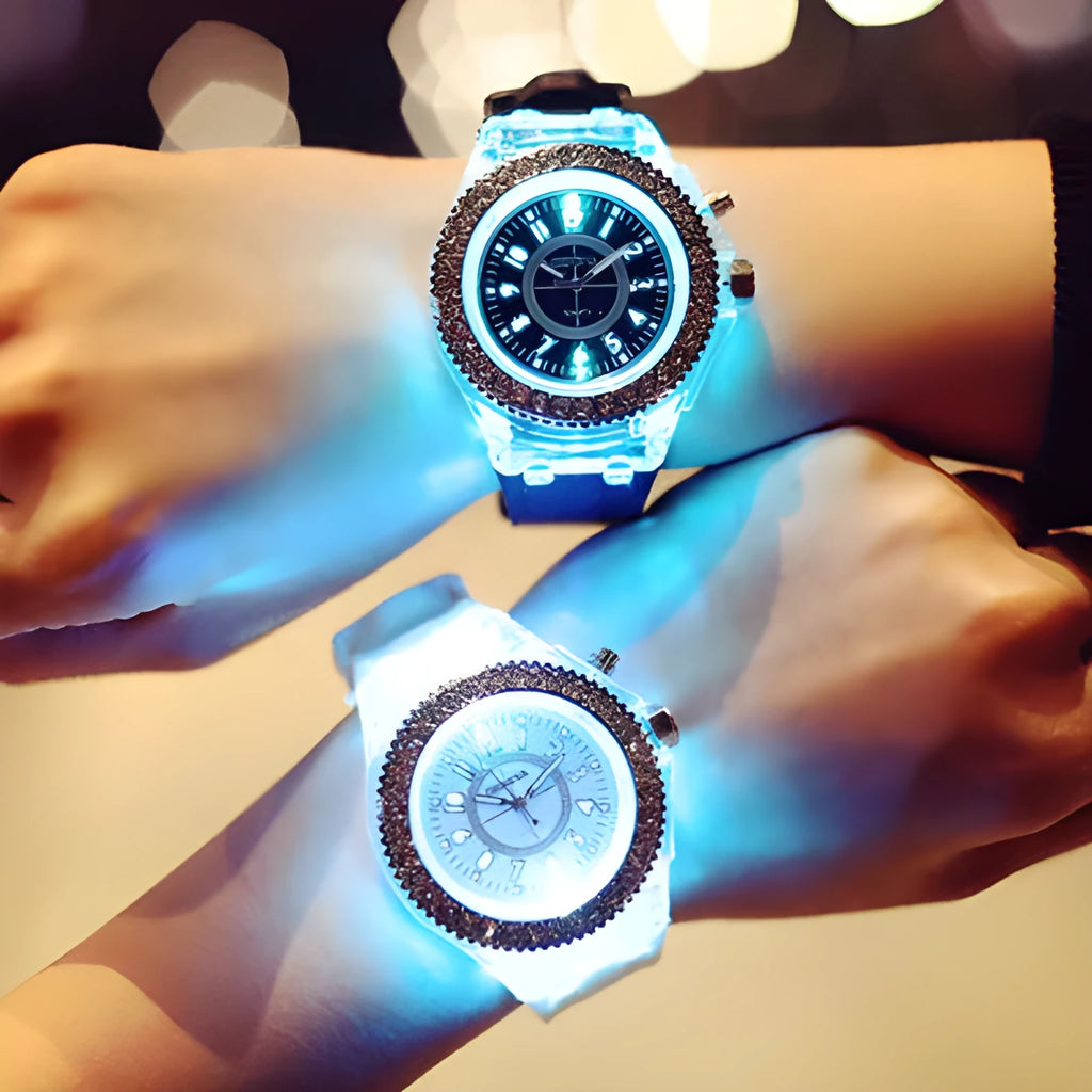 Women's LED luminous quartz watch with round 43mm dial and silicone strap in various colours