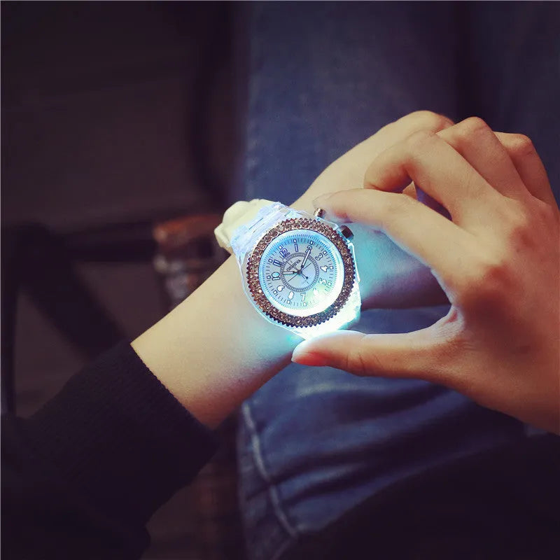 Women's LED luminous quartz watch with round 43mm dial and silicone strap in various colours