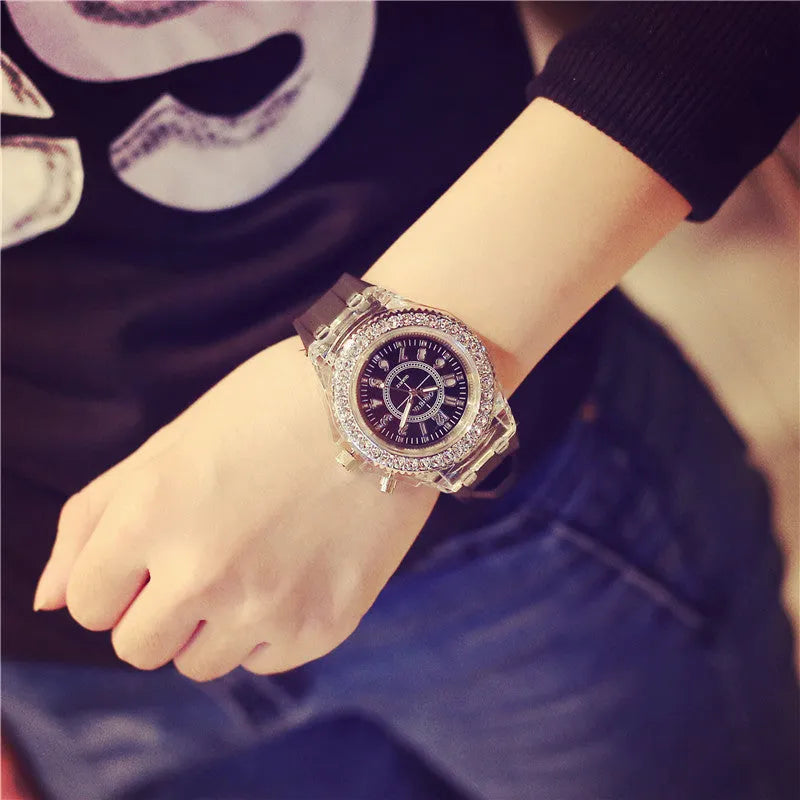 Women's LED luminous quartz watch with round 43mm dial and silicone strap in various colours