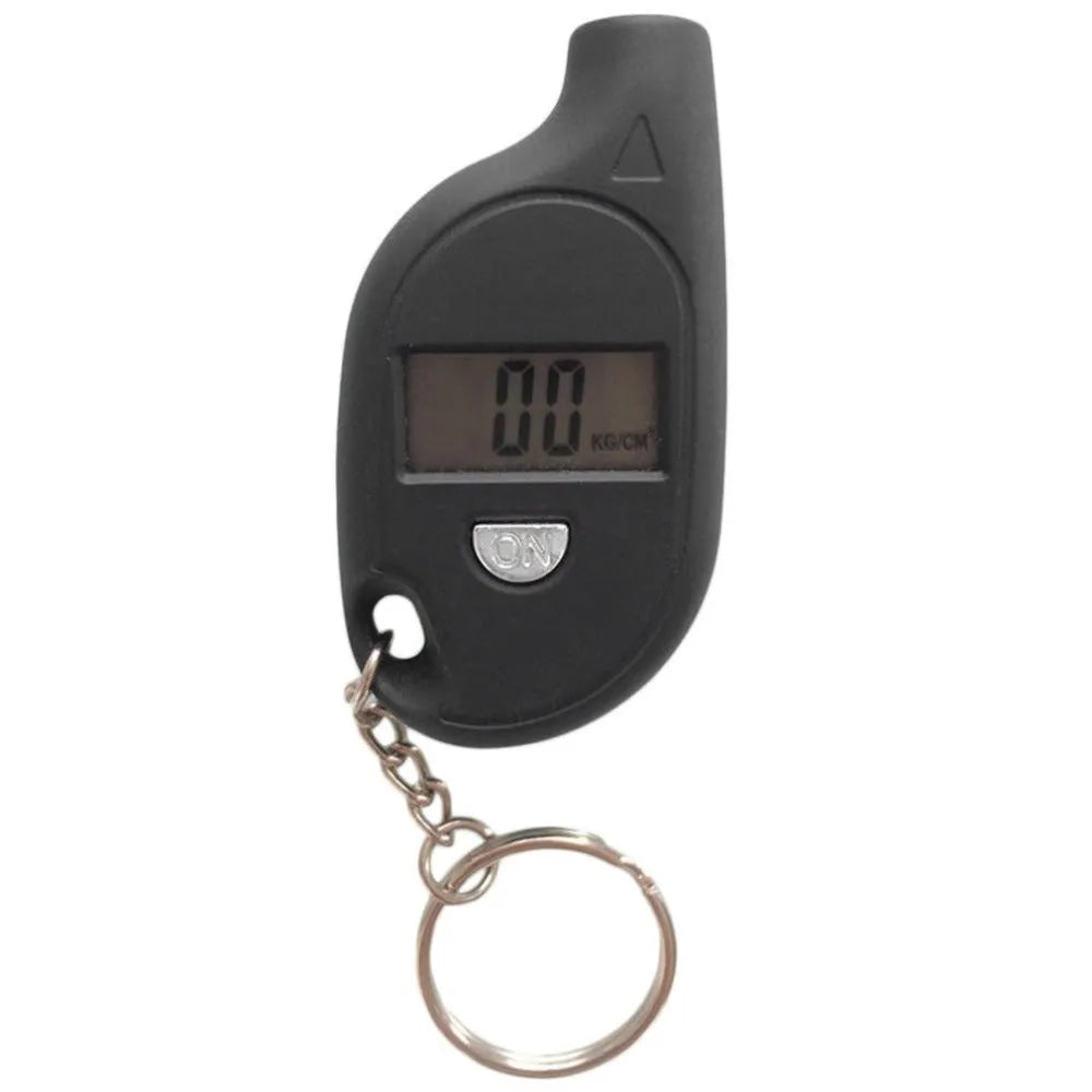 Black ABS keychain tire pressure gauge with LCD screen on keyring