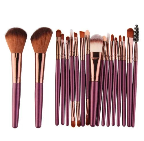 18-piece makeup brush set showing various brush shapes including fan tools for powder and contouring