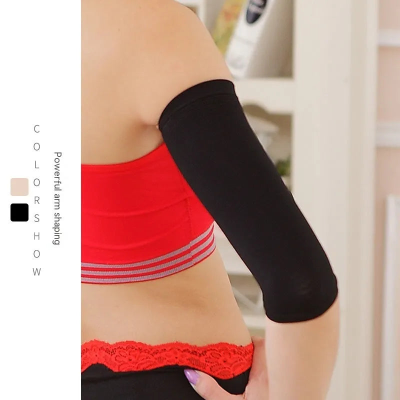 Women's nylon shaping arm sleeves in black and skin colour options with free size fit