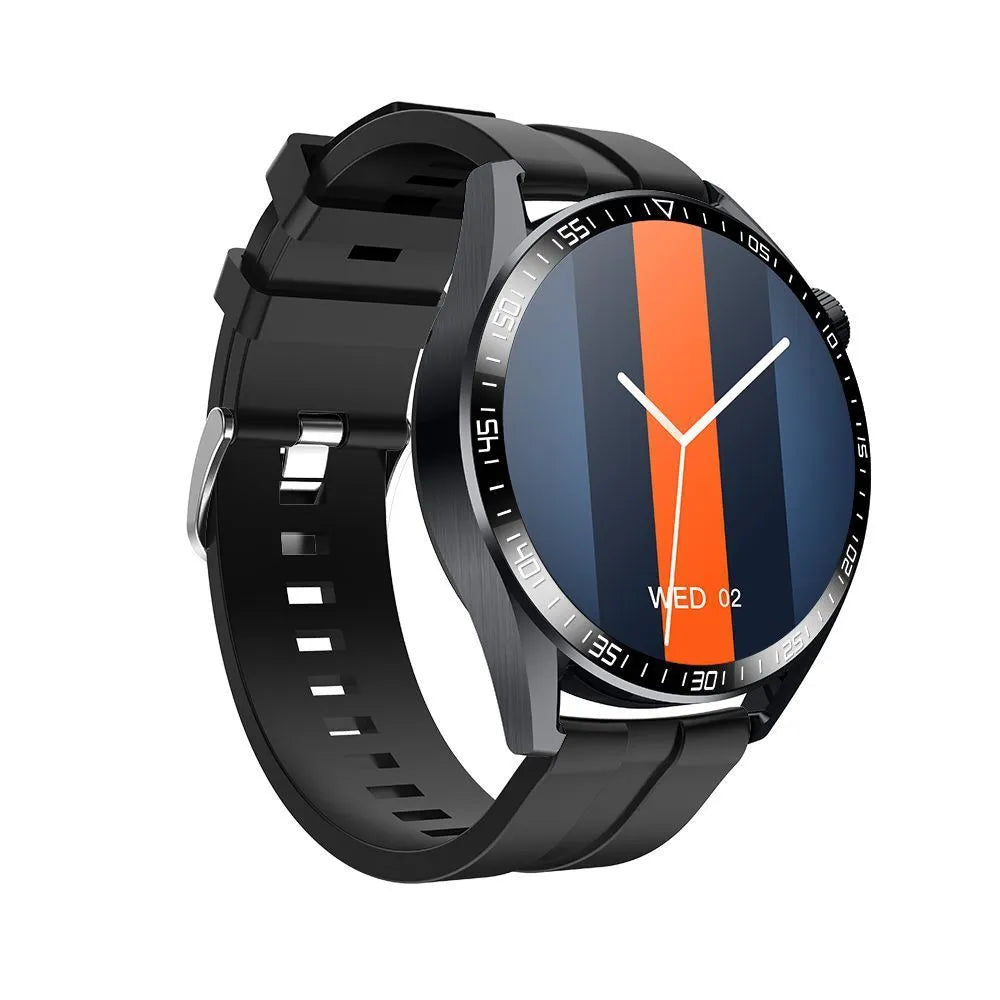 Black GS3 Max smartwatch on silicone strap showing health stats on its 1.35-inch IPS screen.