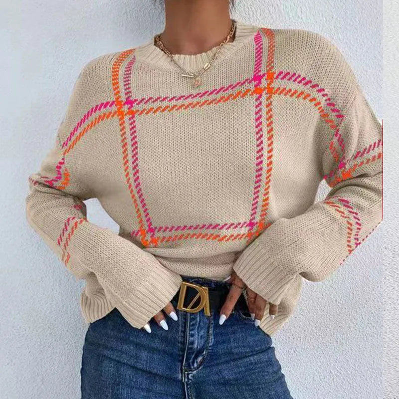 Women's loose fit plaid sweater with colour-block stripes in apricot, black, beige, red, and green.