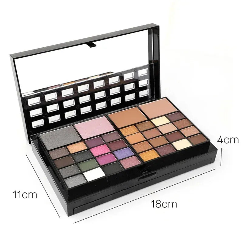 74 colour makeup palette set open showing four layers of eyeshadows, lip glosses, blushes, and contour powders with brushes