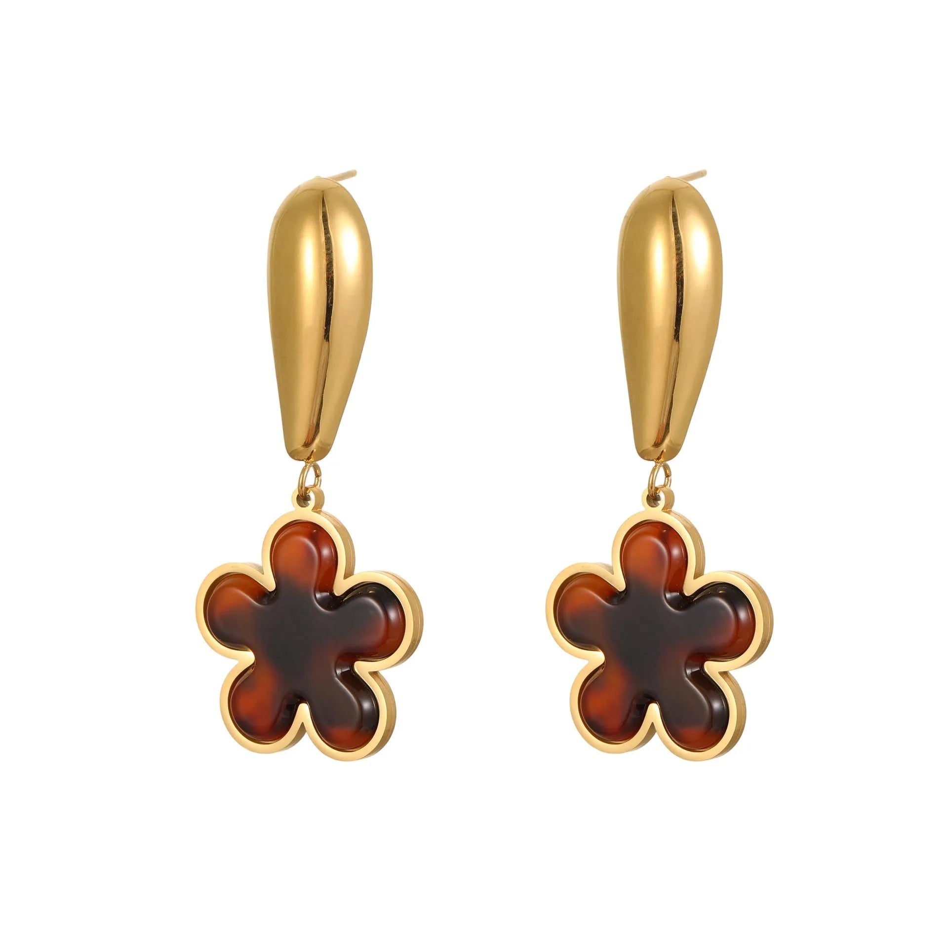 Women's stainless steel tortoiseshell resin earrings in hawksbill colour with heart and flower designs