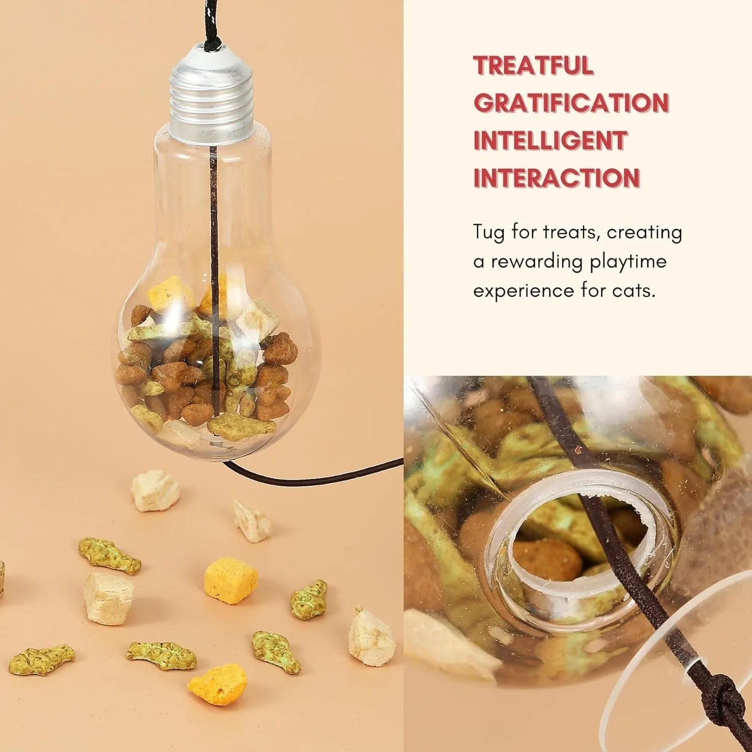 Grey and yellow interactive cat teaser toy with retractable rope, treat bulb, and dangling mouse, hanging from a door frame.