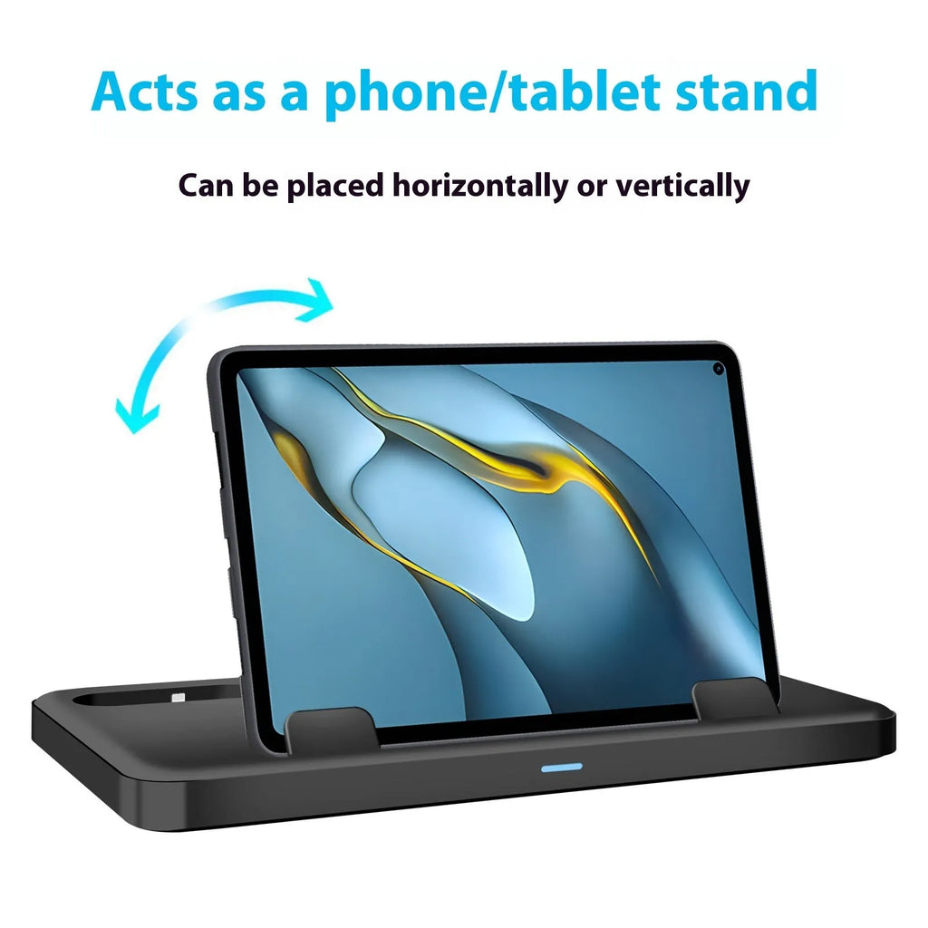 Black ABS plastic three-in-one charging base holding a mobile phone and tablet with cable attached