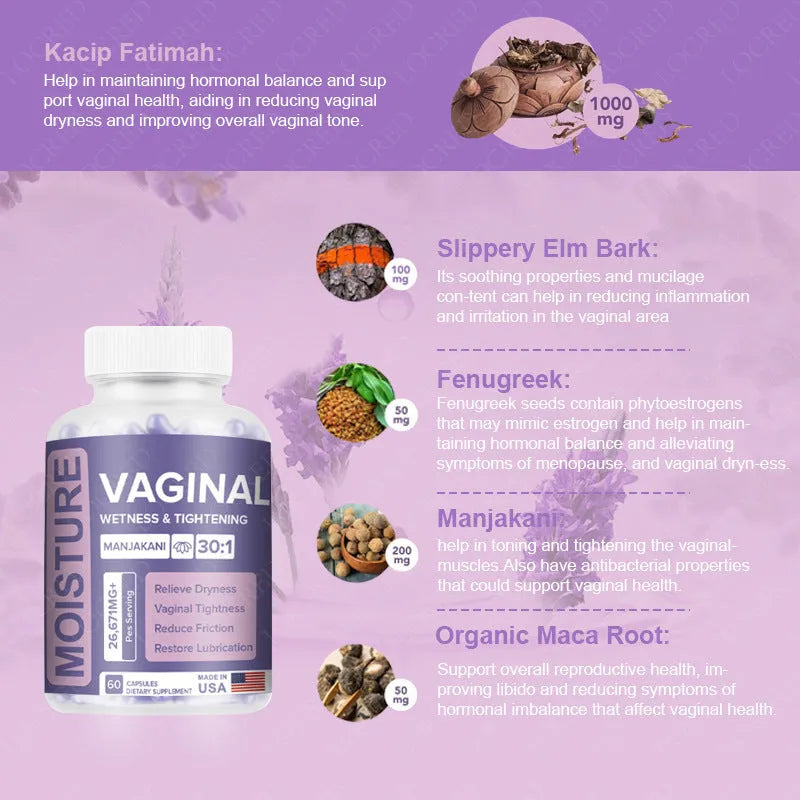 Bottle of 60 vaginal capsules for adult feminine intimate care.