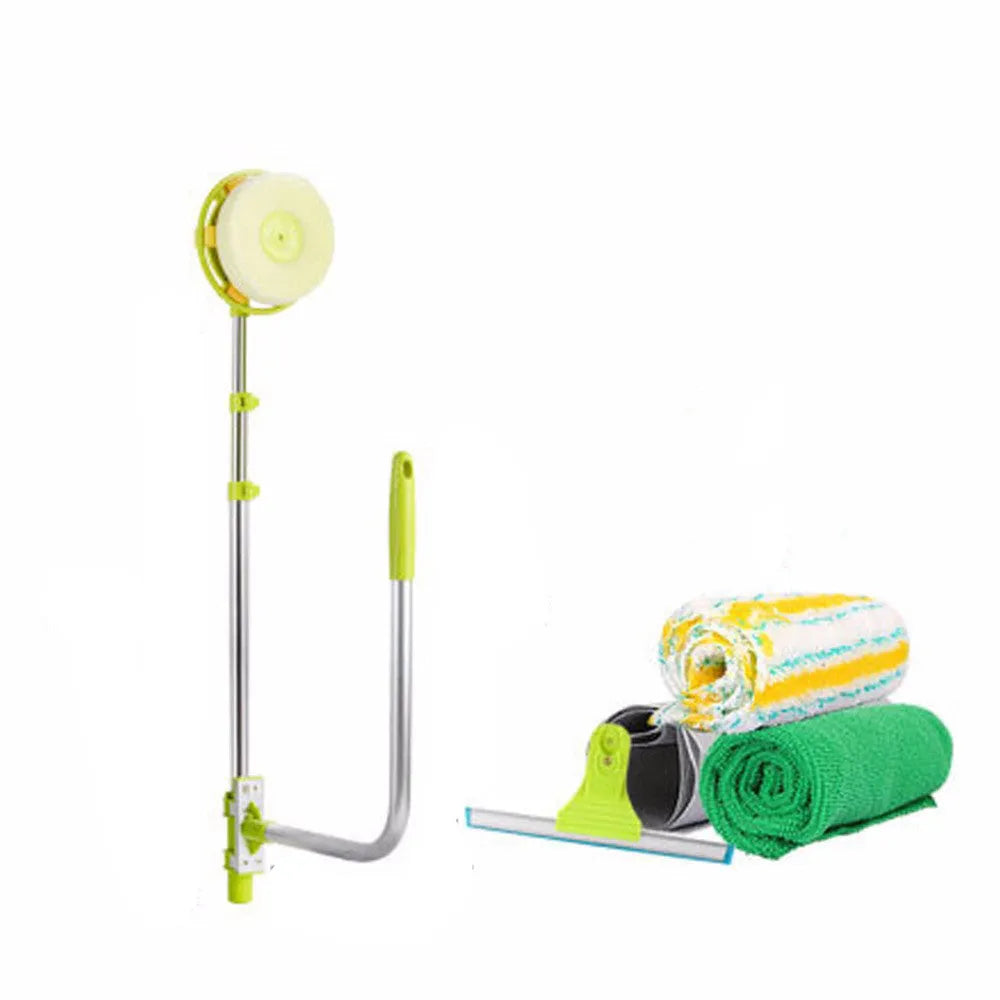 Green glass wiper with telescopic aluminium rod and squeegee tool for window cleaning