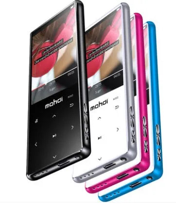 Silver mini portable MP3 player with a 2.4-inch colour touch screen showing a music interface.