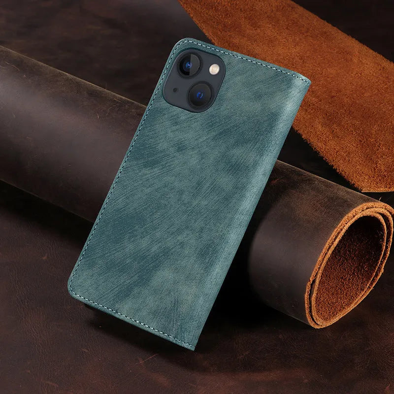 Magnetic flip phone case for iPhone in black, showing TPU frame and leather cover.