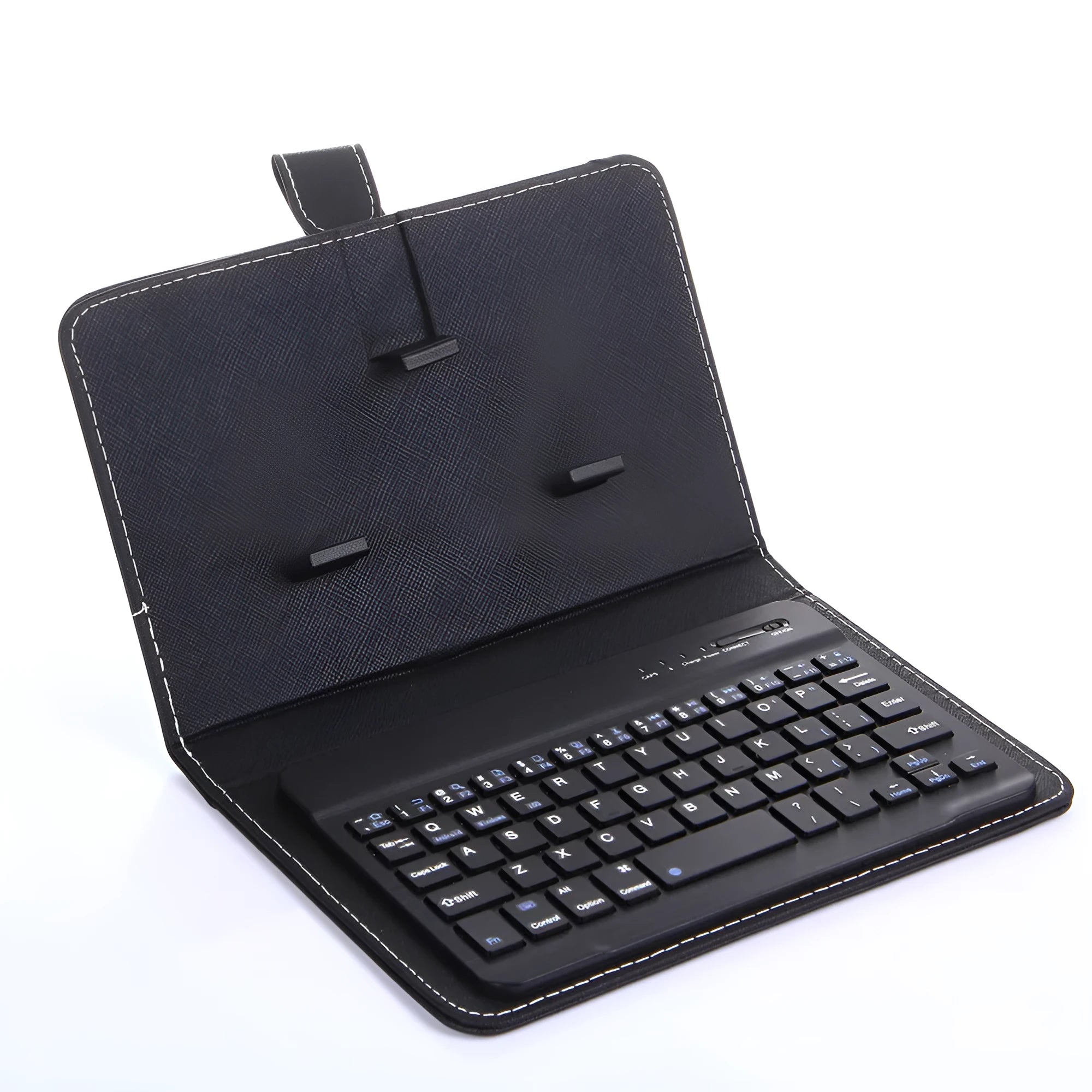 Bluetooth keyboard holster in black with phone inserted, showing stand function and keyboard layout