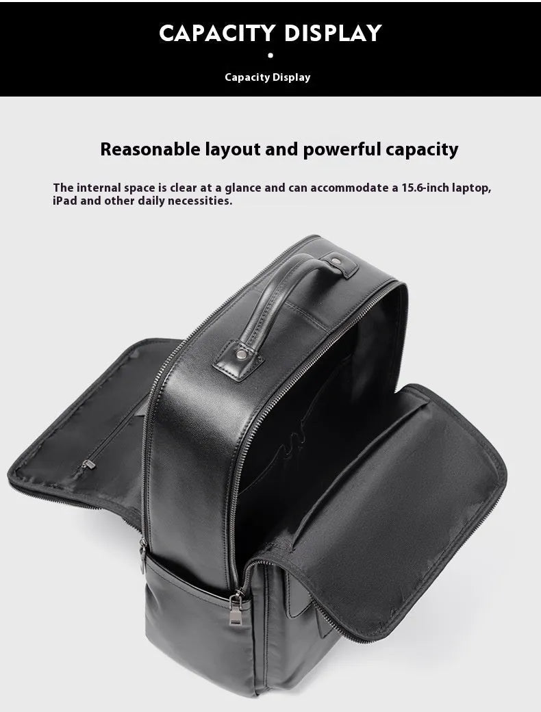 Men's black leather computer backpack showing front view with woven design elements