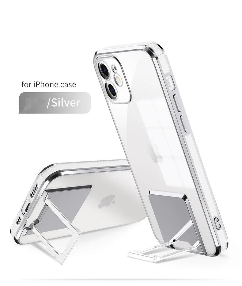 Transparent TPU bracket phone case with electroplating finish in blue, for iPhone 12 Pro Max
